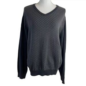 Structure Argyle Sweater Top Large 100% Cotton V Neck Golf Gray White Pullover